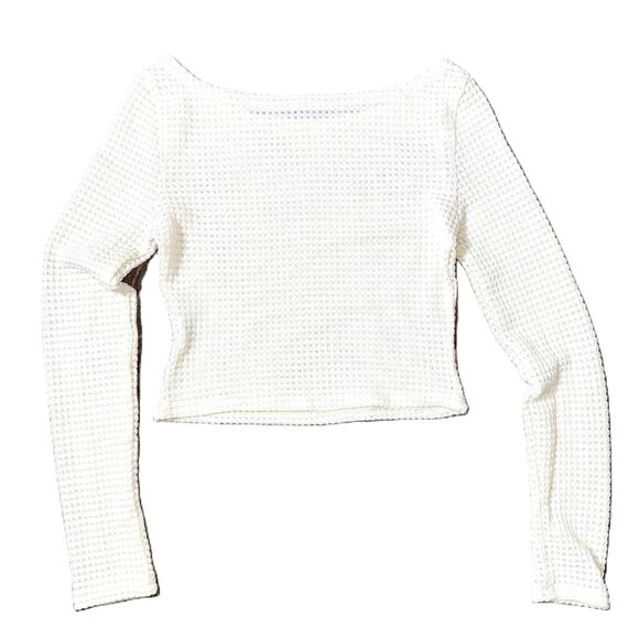 XS Ivory Boat Neck Long Sleeve Crochet Crop Top Knit Sheer Stretchy Y2k - Picture 2 of 3